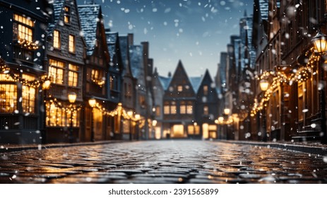 Une soirée enneigée et féérique dans une rue d'antan illuminée de mille feux.