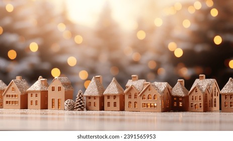 Charmant petit village d'hiver illuminé d'une douce lueur dorée
