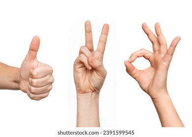 Ensemble de mains d'une jeune femme montrant le pouce vers le haut, les gestes de paix et OK isolés sur un fond blanc. Signe de la main positif et de victoire. Doigt levé
