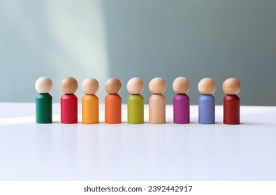 Fileira de pequenas figuras de madeira multicoloridas