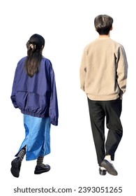 Recorte de una pareja de amigos chinos asiáticos en una relación paseando por la ciudad. Vista trasera de los chicos elegantes. Personas para visualización 3D y renders.