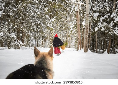Schéint klengt Meedchen a roude Mutz oder Hut a schwaarze Mantel mat Kuerf vu grénge Firzweige am Schnéibësch a groussen Hondshier als Wollef dee Spaass um kale Wanterdag huet. Spaass a Mäerchenbuch op Fotosessioun