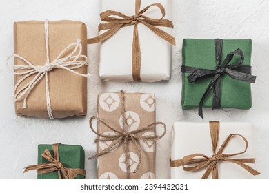 Different gift boxes in on a white background. DIY gift concept. Greeting card, mock-up. Boxing Day.