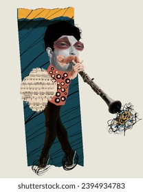 Young man playing clarinet over light textured background. Contemporary art collage. Concept of music festival, show, talents, surrealism, creativity and inspiration