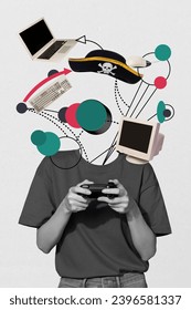 Kolaž 3d pinup pop retro skica slike dame zastarjelih uređaja umjesto glave koja uživa u igrici za playstation izoliranu pozadinu bijele boje