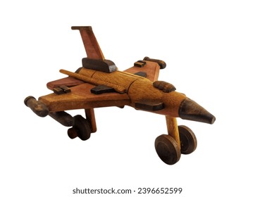 miniature wooden military airplane isolated on white background