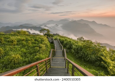 Landscape View Of Mountains And The Sea Of Clouds With Sunset At Eryanping Trail, Alishan National Scenic Area, Xiding, Chiayi,Taiwan