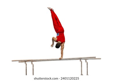 gimnast masculin care efectuează pe bare paralele concurs gimnastică artistică izolat pe fundal alb