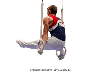 gimnast masculin exercițiu poziția l-sed pe rama inelului în gimnastică artistică izolat pe fundal alb, jocuri sportive de vară