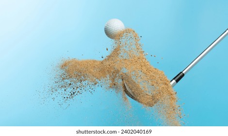 Golfbal tee explodeert uit zandbunker. Golfer slaat bal met club naar zandexplosie naar zomerhemel. Golfclub slaat bal tee in zandwig bunkerexplosie. Blauwe lucht achtergrond geïsoleerde bevriezingsbeweging