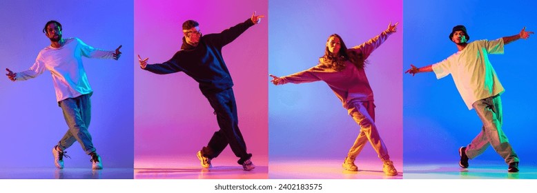 Collage aus véier Portraite vun talentéierte Leit, professionell Dänzer bewegt, danzen an Aktioun géint Gradienthannergrond am Neonliicht. Konzept vu Jugend, Hobby, Stil, 90er Ära, Moud. Banner