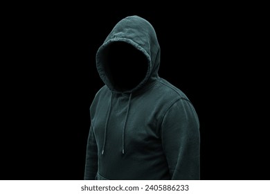 神秘的、不露面的、戴头巾的匿名罪犯、电脑黑客、网络恐怖分子或黑帮的轮廓，背景为黑色。