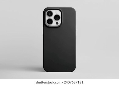 Vista posterior de la funda del teléfono iPhone 15 Pro en color negro aislada sobre fondo gris, maqueta de funda de teléfono para 14 Pro Max