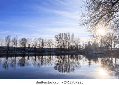 Vue sur le lac des cygnes avec des cygnes et des oiseaux aquatiques près de Mering par une froide journée d'hiver avec un ciel bleu