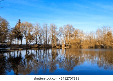 Vue sur le lac des cygnes avec des cygnes et des oiseaux aquatiques près de Mering par une froide journée d'hiver avec un ciel bleu