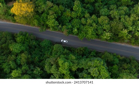 Vue aérienne d'une route forestière vert foncé et d'une voiture électrique blanche Paysage naturel et routes surélevées Concept de voyage d'aventure et de transport et de protection de l'environnement
