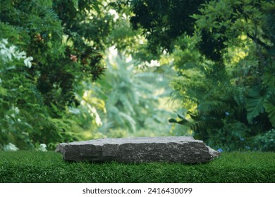 Piso de pódio de mesa de pedra em fundo de natureza de planta de folha verde de floresta tropical de jardim ao ar livre. Exibição de pedestal de posicionamento de produto natural, conceito de paraíso na selva.