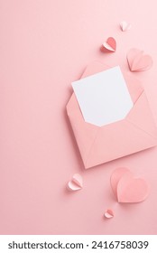부드러운 사랑: 여성의 날에 달콤한 하트의 수직형 탑뷰 배열과 부드러운 핑크색 배경에 진심 어린 초대장으로 사랑을 선언하세요. 애정의 절묘한 표현