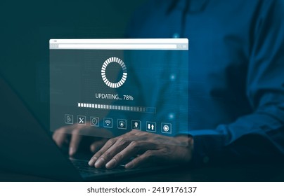 Ažuriranje softverske aplikacije i koncept tehnologije nadogradnje hardvera. Korisnik koristi ažuriranje softvera prijenosnog računala ili nadogradnju operativnog sustava, traka napretka ažuriranja na zaslonu računala, instalirajte zakrpu aplikacije,