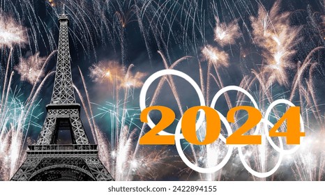 Nhẫn và pháo hoa đầy màu sắc ăn mừng trên Tháp Eiffel ở Paris (2024), Pháp