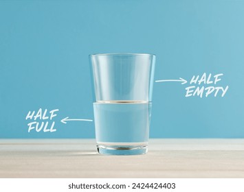 乐观和悲观的概念。水杯上写着“半满”和“半空”。积极或消极的态度。