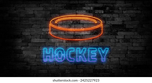 Kalkan çerçevesinde hokey sopaları, disk ve kaleci kaskı bulunan hokey şampiyonası neon tabelası. Buz hokeyi yarışması logosu, amblemi, sembol tasarımı. Vektör çizimi.