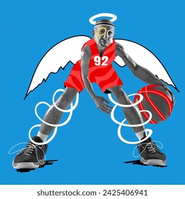 Älterer Mann in Basketballuniform dribbelt Ball mit Engelsflügeln und Heiligenschein auf blauem Hintergrund. Zeitgenössische Kunst. Anzeige der Senior-Basketballliga. Konzept des Alterns, Mode, Surrealismus. Buntes Plakat