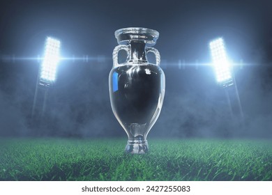 تقام بطولة كأس الأبطال على ملعب عشبي أخضر في ملعب كرة قدم مع أضواء كاشفة وضباب في الليل. البطولة والفائزون. المراهنة الإبداعية. بطولة رياضية