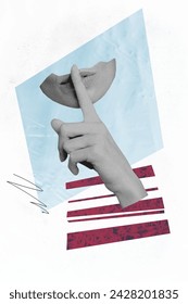 Vertical photo collage young woman face fragment cutout hand show silence shh gesture keep secret conspiracy quiet voice