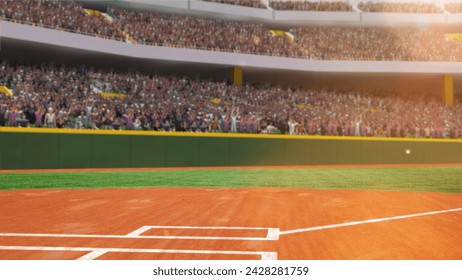 Gefüllte Tribüne mit Sportfans. 3D-Darstellung einer Baseball-Open-Air-Arena, eines Stadions. Spiel am Tag. Konzept des Profisports, des Wettbewerbs, der Meisterschaft, des Spiels