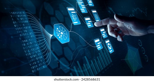 AI 駆動型ワークフロー、KPI、予測的洞察、ビッグデータ統合によるデータ管理分析とビジネスレポートの自動化。意思決定テクノロジーで仮想スクリーンに触れるビジネスマン。