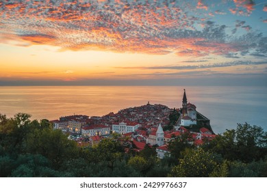 Piran, Slovenia - panorama of a beautiful seaside town located on the Adriatic Sea. Slovenian tourist attraction and travel destination. Sunset over Piran