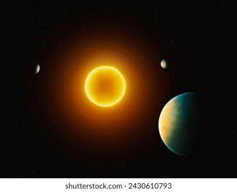 A star with three rocky planets. Exoplanets in orbit around a star. Extrasolar planetary system.