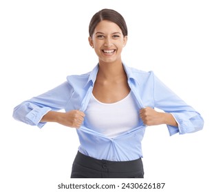 Business woman, superhero or portrait in studio mock up or open shirt for confidence with advertising. Saleswoman, happy face and trendy fashion for promotion and retail branding by white background