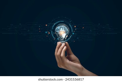 AI技術を生み出します。ビッグデータネットワーク上の機械学習、電球を手に持つ脳の創造力、テクノロジー、スマートロボット科学、人工知能、未来のイノベーション