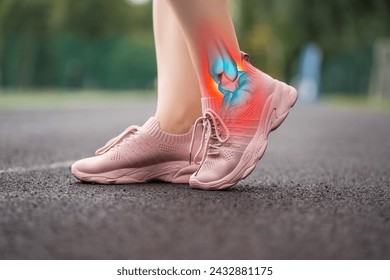 Achilles tendon injury, joint inflammation, foot pain, woman suffering from feet ache on a running track, podiatry concept, healthy lifestyle