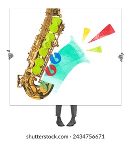 Poster. Contemporary art collage. Billboard with saxophone, colorful bubbles, and abstract shapes hold up by person. music event advertisement. Concept of festivals, concert and parties.