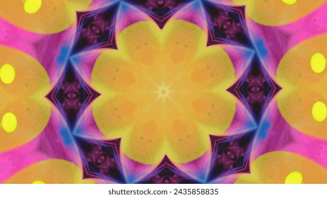 Neon Mandala. Tënt Kaleidoskop. Defokuséiert hell giel rosa purpurroude blo Faarf glühend Lotus Blummen Ornament Bewegung abstrakt Konschthannergrond.