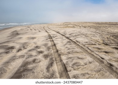 Сліди автомобільних шин на піску Skeleton Coast, Намібія.