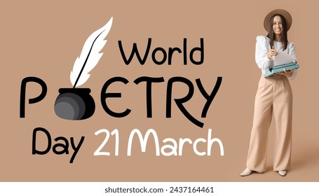 Banner fir World Poetry Day mat jonker Fra déi vintage Schreifmaschinn hält