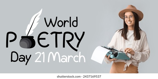 Banner fir World Poetry Day mat jonker Fra déi vintage Schreifmaschinn hält
