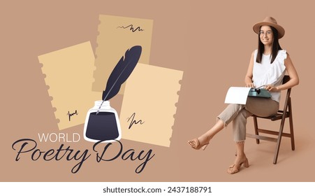 Banner fir World Poetry Day mat jonker Fra mat vintage Schreifmaschinn, déi um Stull sëtzt