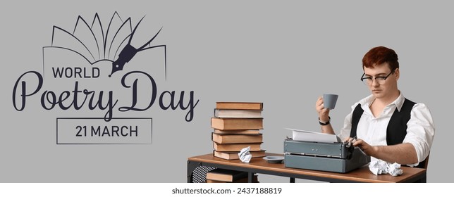 Banner fir World Poesie Dag mam jonke Mann mat vintage Schreifmaschinn um Dësch