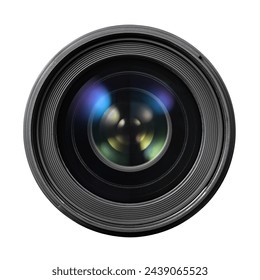 Objectif optique professionnel pour appareils photo reflex numériques modernes, isolé sur fond blanc. Vue de face.