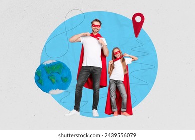 Abstracte creatieve kunstwerkcollage van een blije, lachende vader en dochter die een superheldenkostuum dragen en klaar zijn om de wereld te redden. Geïsoleerde schilderijachtergrond