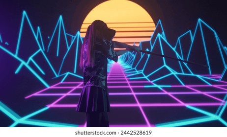 Pessoa contra uma grande parede digital em estúdio. Mulher em óculos vr com espada japonesa katana atua em frente a uma tela digital neon gráfico visual de fundo.