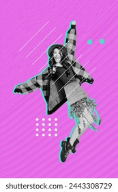 Image composite d'esquisse d'œuvre d'art tendance Collage de photos 3D d'une jeune femme hipster dansante et attrayante portant un pot de fleurs de lavande sur les hanches