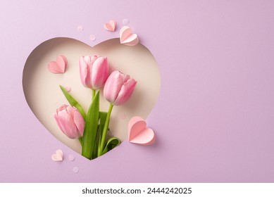 Trendy Mother's Day top view setup: Fresh tulips, paper hearts, confetti visible through heart-shaped frame on soft lilac background. Ideal for greetings or marketing