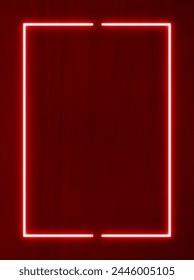 Luz de neón sobre pared de hormigón rojo y marco rectangular con pancarta vertical. Marco de línea y brillante con espacio de copia o vacío.