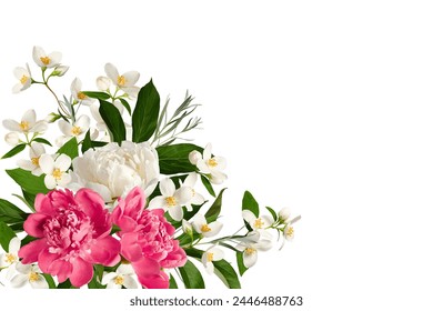 Festive floral corner arrangement. Jasmine flowers, white and pink peonies, green peony leaves, green twigs. Element for creating designs, cards, patterns, floral arrangements,  wedding invitations.